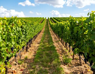 Picturesque vineyard rows under a bright summer sky. Lush green vines laden with ripe grapes.