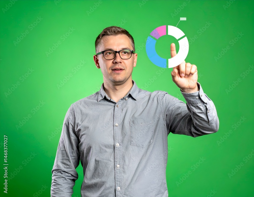 Aufkleber man in glasses interacts with a pie chart on a green screen. ideal for business, technology, and dat