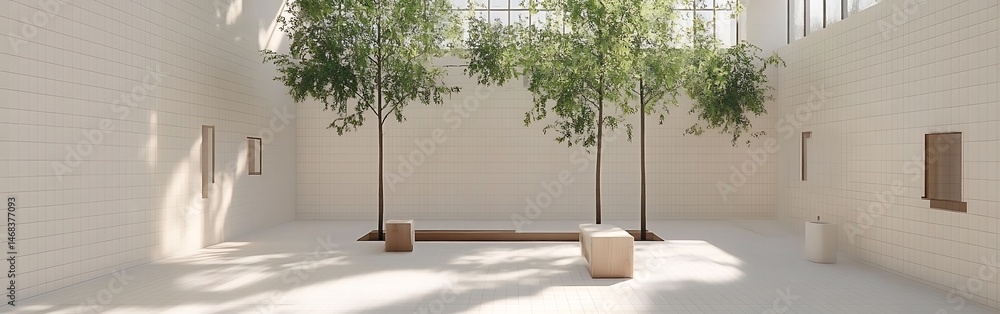 Poster sunlit interior space adorned with trees and minimal geometric design elements