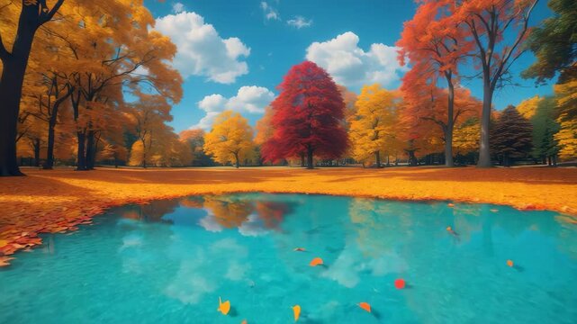 Park in autumn with a plethora of fallen leaves by the shore of a lake reflecting in it