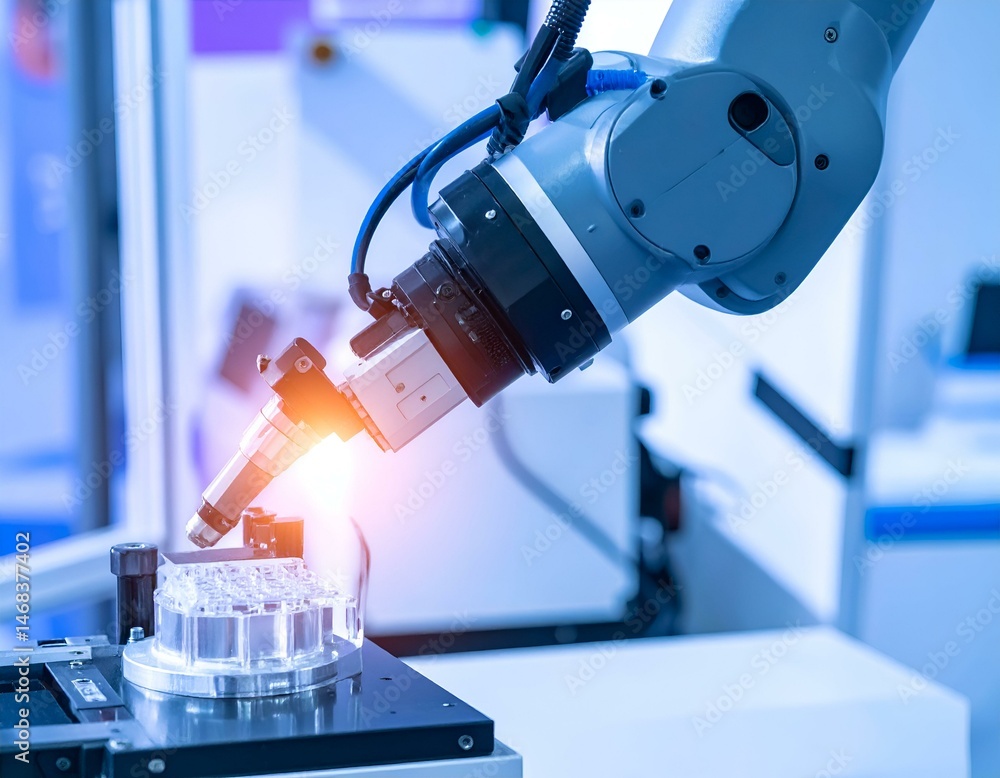 Poster robotic arm precisely assembling a part in a modern factory. image showcases advanced automation tec