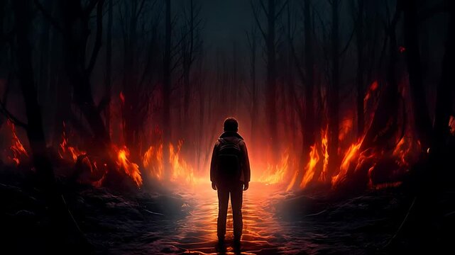 Lone Boy Facing Fiery Forest &ndash; Dark Fantasy Adventure Scene Stranger Things
