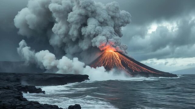 Steam cloud formed by the lava flow, resembling a mushroom cloud due to its angle.