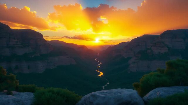 A breathtaking scenic sunset over a canyon, showcasing green shrubs and rocks in the foreground, with a splendid valley under a vibrant, cloudy sky in the background.