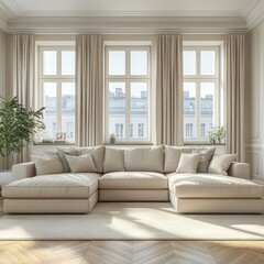 Elegant beige sectional sofa in a sunlit interior room.