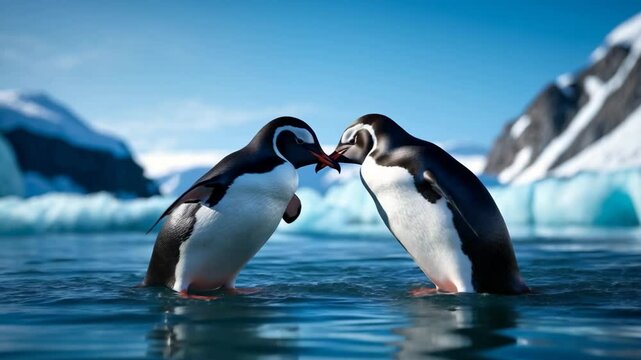 Two energetic penguins plunge into the icy waters, showcasing their agility amidst a backdrop of snowy peaks and serene blue skies.