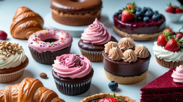 An assortment of various sweets and desserts featuring croissants, donuts, cupcakes, chocolate balls, cakes, pies, blueberry tarts, and red velvet cake.