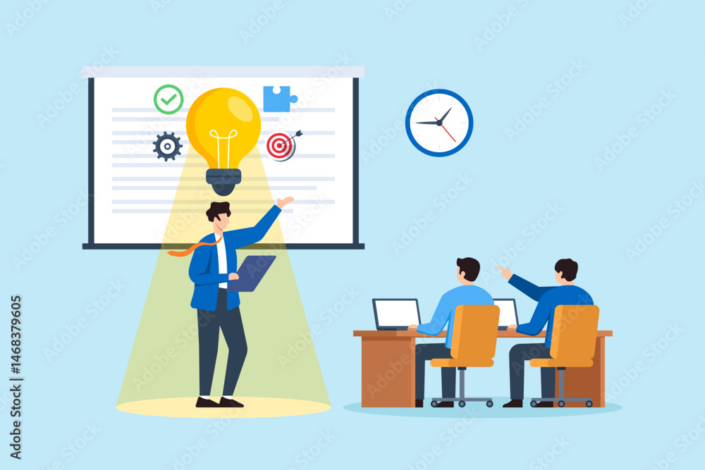 Poster flat illustration of businessman presenting solution with lightbulb and project icons on screen duri