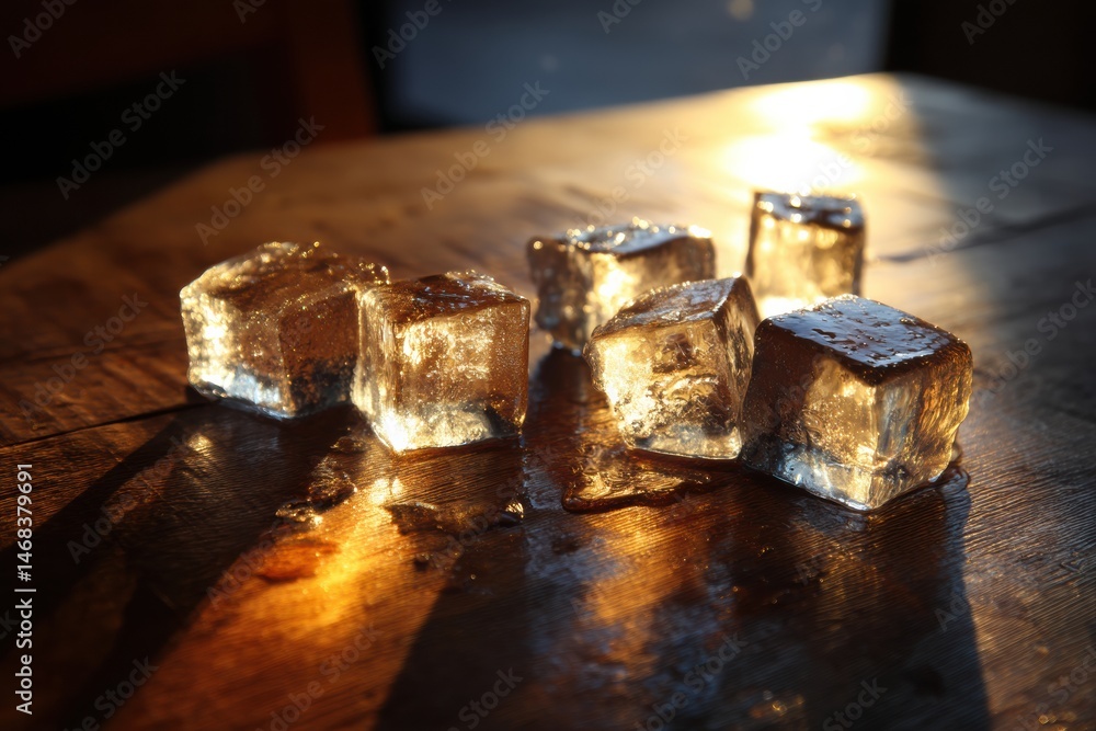 Poster melting ice cubes on wooden table illuminated by warm golden light during late afternoon hours gener