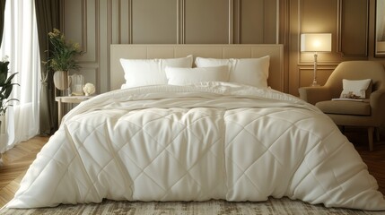 Elegant bedroom scene with a crisp white duvet.
