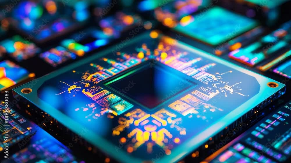 Poster microchip-embedded silicon wafer displaying vibrant colors