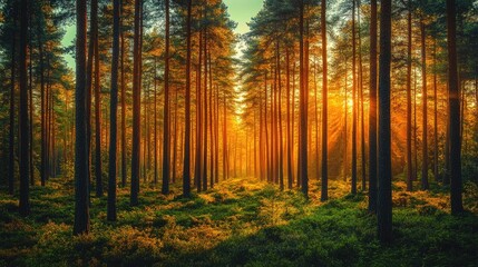 Golden sunlight streams through a forest of tall pines.