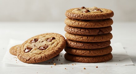 A stack of delicious chocolate chip cookies and a single cookie on white parchment.