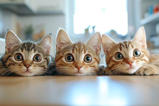 Captivating feline trio: Portrait of expressive kittens resting indoors curiously - Powered by Adobe