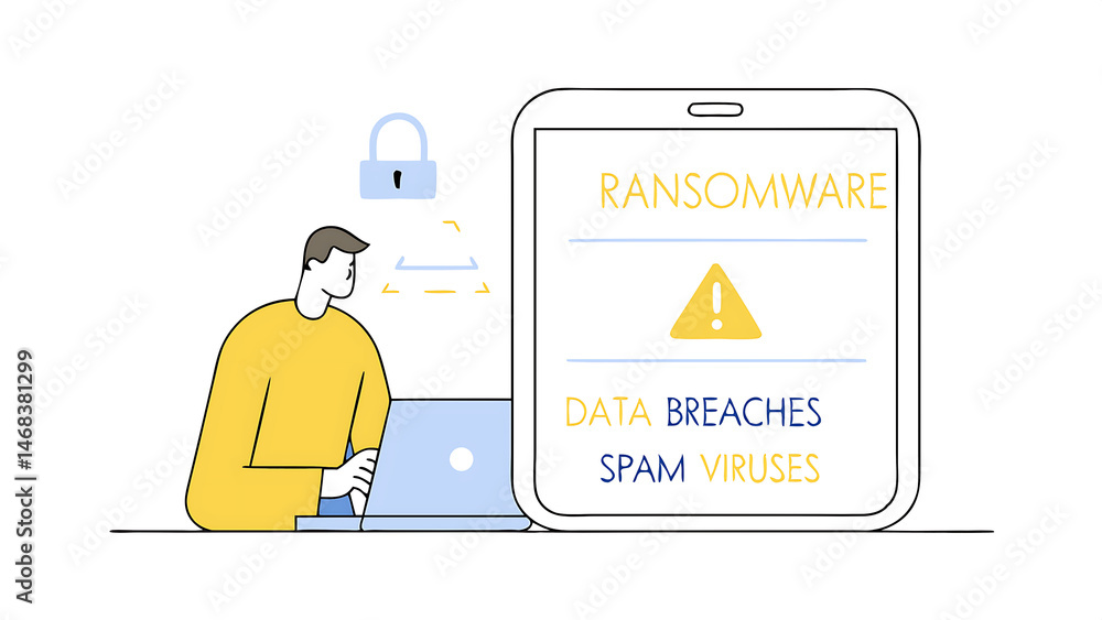 Poster man use smartphone and laptop with spam virus on warning caution for notification on internet securi