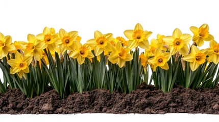 Fototapeta premium Row of vibrant yellow daffodils in rich soil