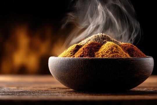 Aromatic spice blend in dark bowl, steaming gently.