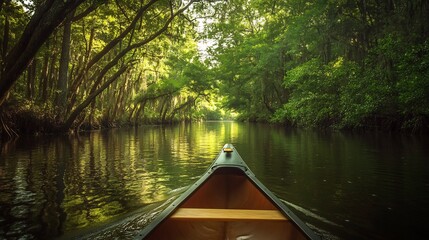 Canoe Journey Through Serene Green Canopy: A Tranquil River Scene
