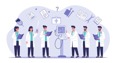 Illustration showcasing medical professionals collaborating around diagnostic equipment