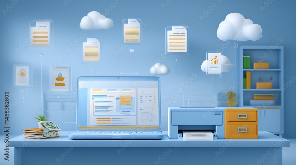 Aufkleber a organized office workspace, a laptop displaying a digital filing system, and a scanner digitizing 