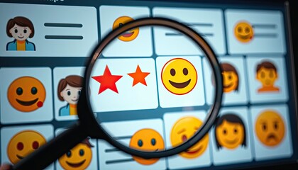 Exploration of Digital Expression A Close-Up View of Emoji Selection with Magnifying Glass