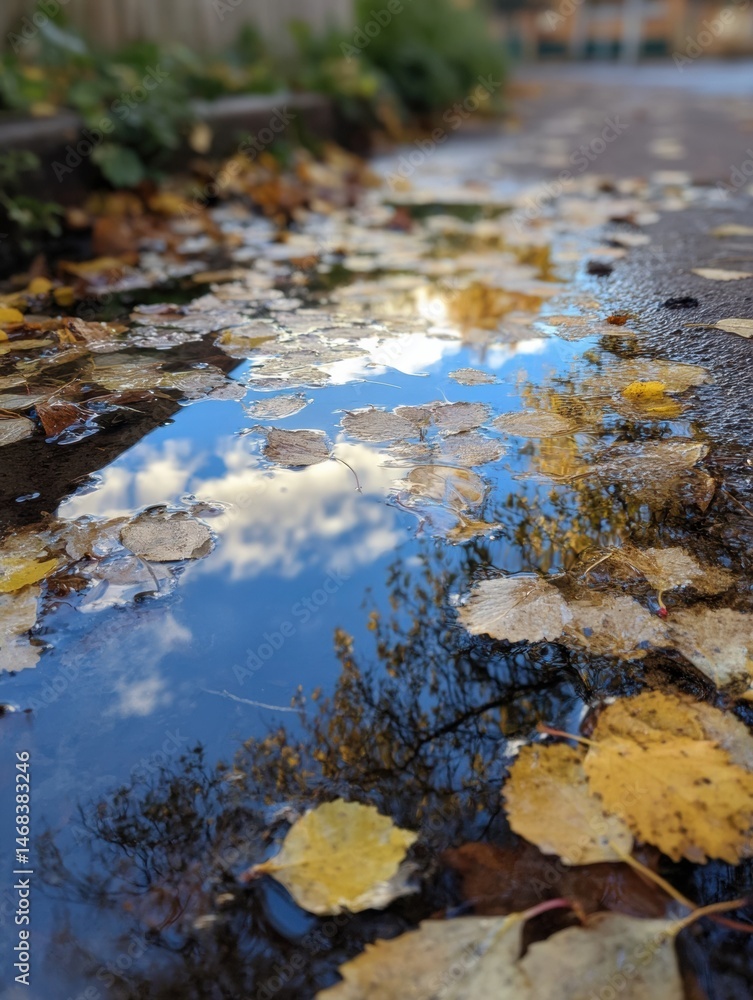 Poster fallen birch leaves float on puddle reflecting the clear autumn sky and surrounding trees in a tranq