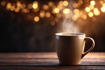 Obraz premium Warm drink in a light beige mug on a rustic wooden surface.