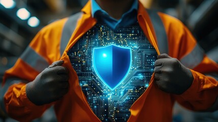 An interesting visual about security and protective shields in the digital or technological era, construction worker clothing represents security in modern infrastructure.