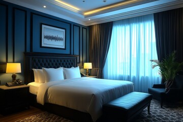 Luxurious hotel room with comfortable bed and elegant decor.