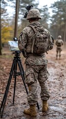 Soldier using map, forest, training