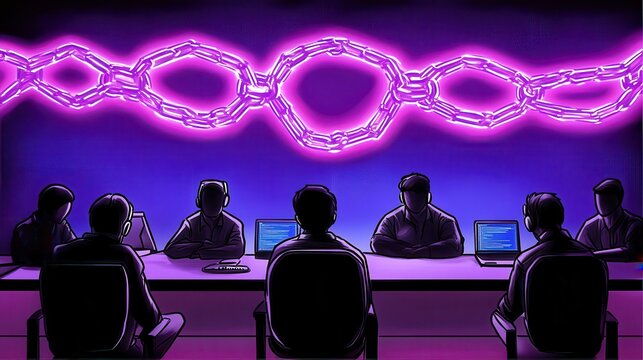 Cybersecurity task force meeting with futuristic digital interface for global threat assessment and data analysis coordination session