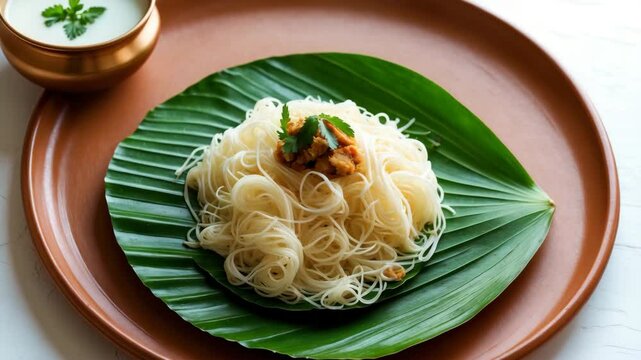 Noolputtu or idiyappam presented in a clay pot accompanied by milk