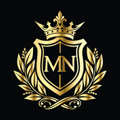 Obraz premium Golden heraldic shield with crown. Heraldic Coat of Arms decorative logo isolated vector illustration. Luxury golden laurel wreath heraldic emblem template vector illustration.Heraldic Coat of Arms de