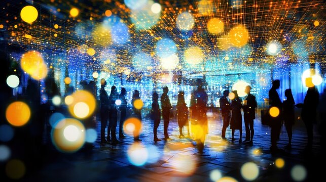 Enchanting cityscape nightscape silhouettes basking in shimmering bokeh ambiance embracing shared moments in vibrant urban festive splendor