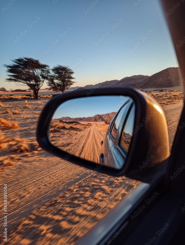 Poster reflections of an endless desert journey with sunset lighting and distant mountains in the rearview 