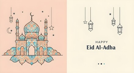 Naklejka premium Minimalist Eid al-Adha Illustration with Mosque and Lanterns