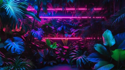 Neon-lit tropical jungle backdrop with a dark theme featuring exotic palms and flora in retro style and fluorescent illumination. - Powered by Adobe