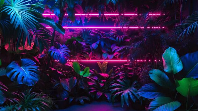Neon-lit tropical jungle backdrop with a dark theme featuring exotic palms and flora in retro style and fluorescent illumination.