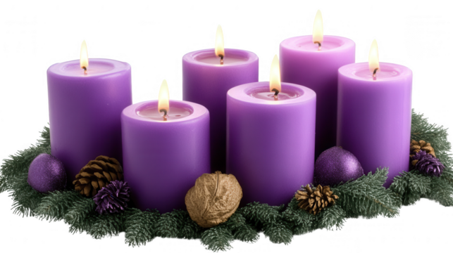 Festive Advent Wreath with Purple Candles and Christmas Decorations