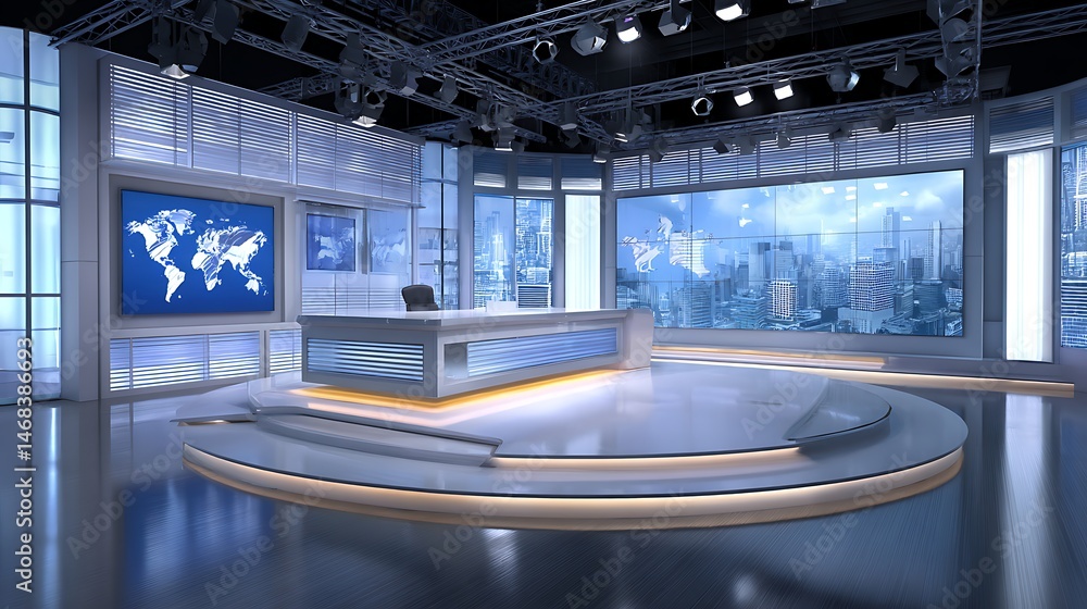 Poster A professional and modern tv news studio designed for virtual backgrounds, features a sleek anchor desk with built, in led lighting, surrounded by large screens displaying graphics or a world map