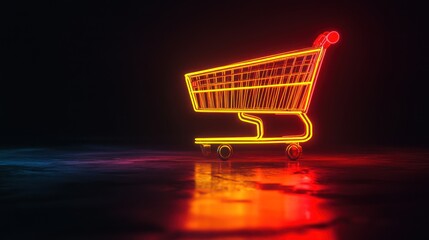 Glowing shopping cart in a dark room symbolizing consumerism