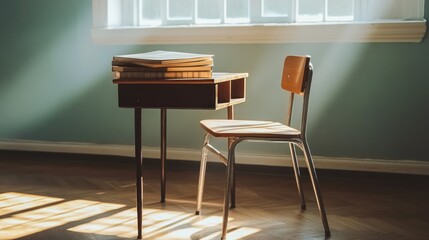 Sunlit study nook featuring desk, chair and stack of academic books