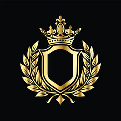 Obraz premium Golden heraldic shield with crown. Heraldic Coat of Arms decorative logo isolated vector illustration. Luxury golden laurel wreath heraldic emblem template vector illustration.Heraldic Coat of Arms de