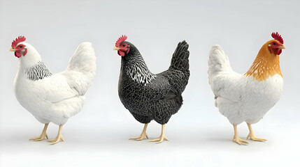 Fototapeta premium Three Different Colored Chickens Standing Side By Side