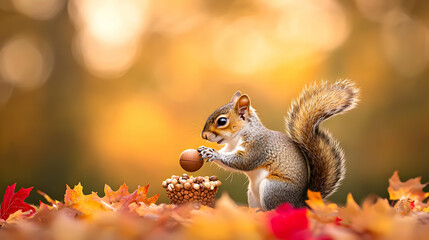 Obraz premium Squirrel Holding Acorn In Autumn Leaves