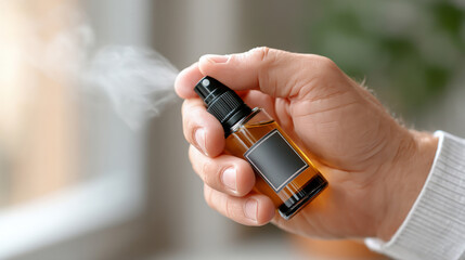 Groom's hand spraying cologne in gentle mist for wedding day preparation and grooming rituals