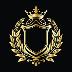 Obraz premium Golden heraldic shield with crown. Heraldic Coat of Arms decorative logo isolated vector illustration. Luxury golden laurel wreath heraldic emblem template vector illustration.Heraldic Coat of Arms de