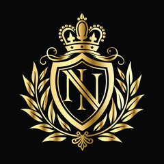 Golden heraldic shield with crown. Heraldic Coat of Arms decorative logo isolated vector illustration. Luxury golden laurel wreath heraldic emblem template vector illustration.Heraldic Coat of Arms de
