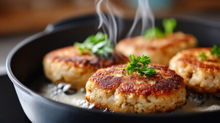 Delicious leftover rice patties sizzling in pan for a savory culinary experience