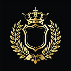 Fototapeta premium Golden heraldic shield with crown. Heraldic Coat of Arms decorative logo isolated vector illustration. Luxury golden laurel wreath heraldic emblem template vector illustration.Heraldic Coat of Arms de